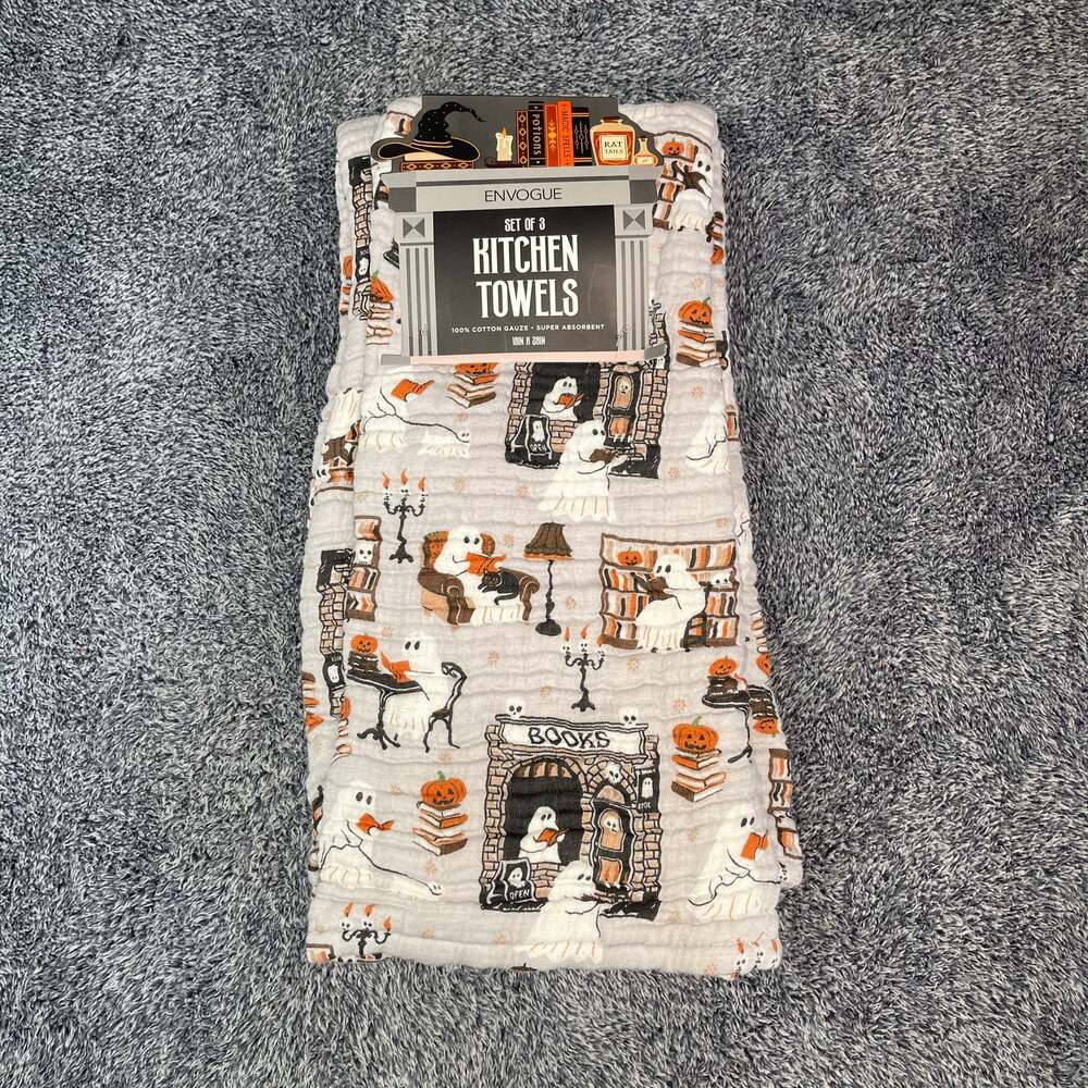 Envogue Halloween "Bookish Ghost" 3-Pack 100% Cotton Gauze Kitchen Towels Unused